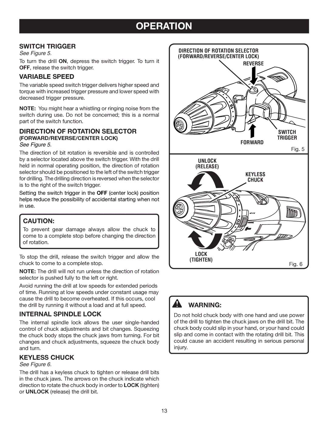 Ryobi P211 manual Internal Spindle Lock, Reverse Forward Unlock Release Switch Trigger, Lock Tighten 