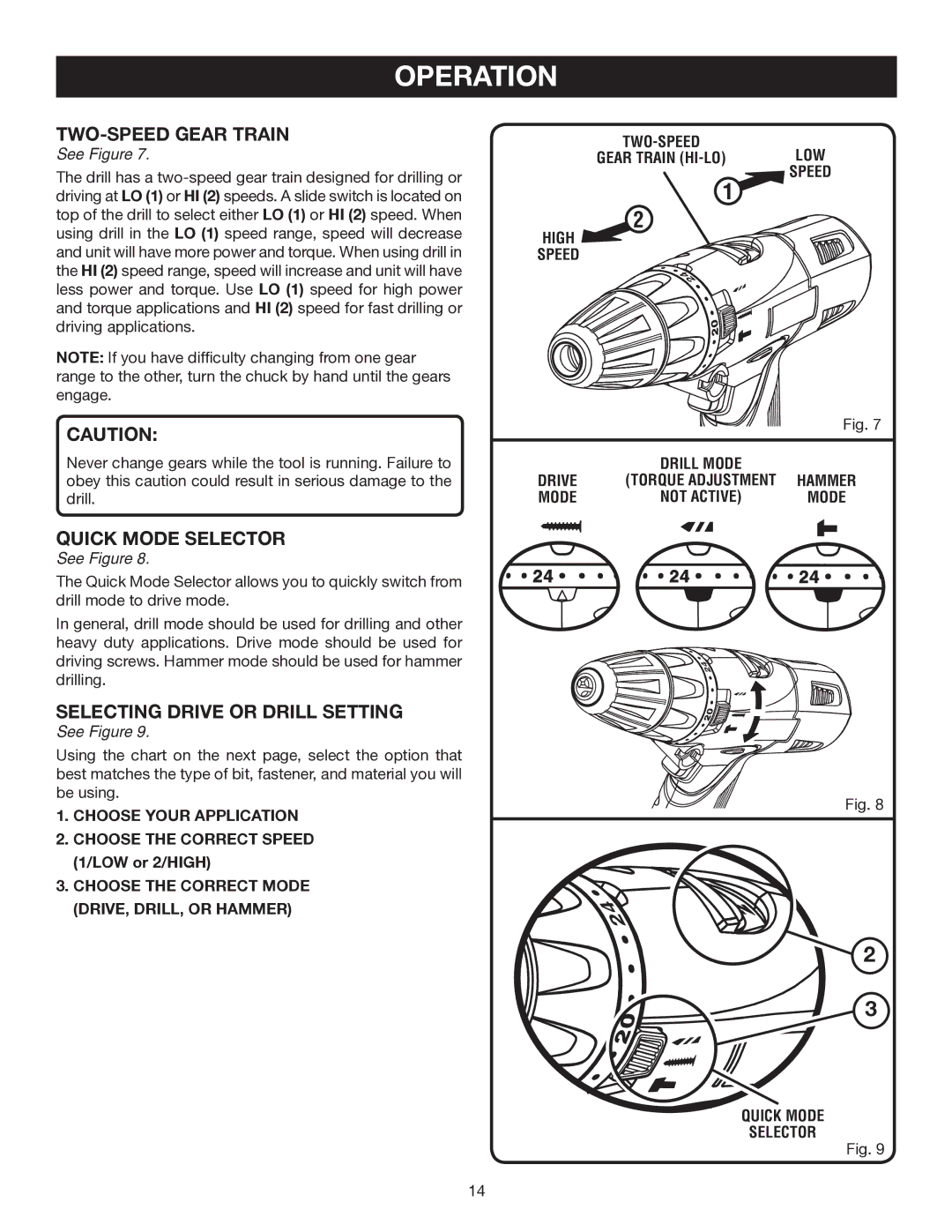 Ryobi P211 manual Selecting Drive or Drill Setting, Choose Your Application, Quick Mode Selector 