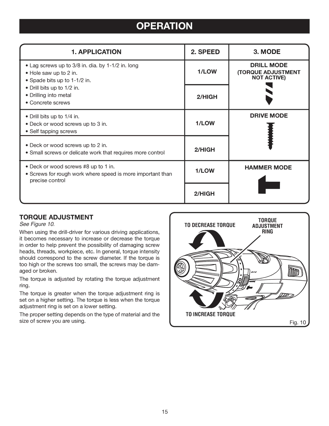 Ryobi P211 manual Application Speed Mode, Torque Adjustment, Not Active 