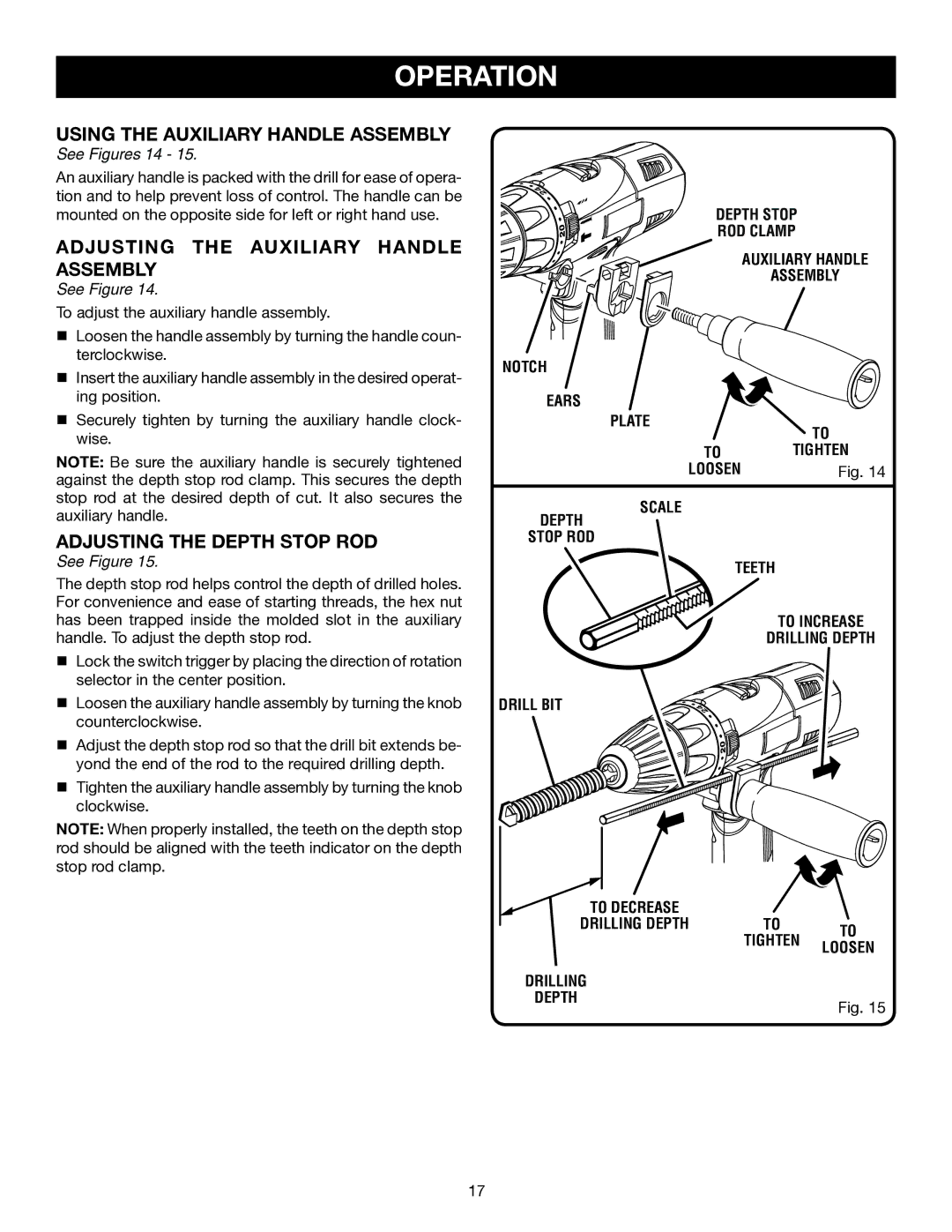 Ryobi P211 Using the Auxiliary Handle Assembly, Adjusting the Auxiliary Handle Assembly, Adjusting the Depth Stop ROD 