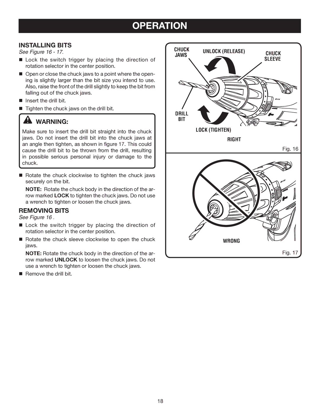 Ryobi P211 manual Installing Bits, Removing Bits, See, Chuck Unlock Release, Lock Tighten Right Wrong 