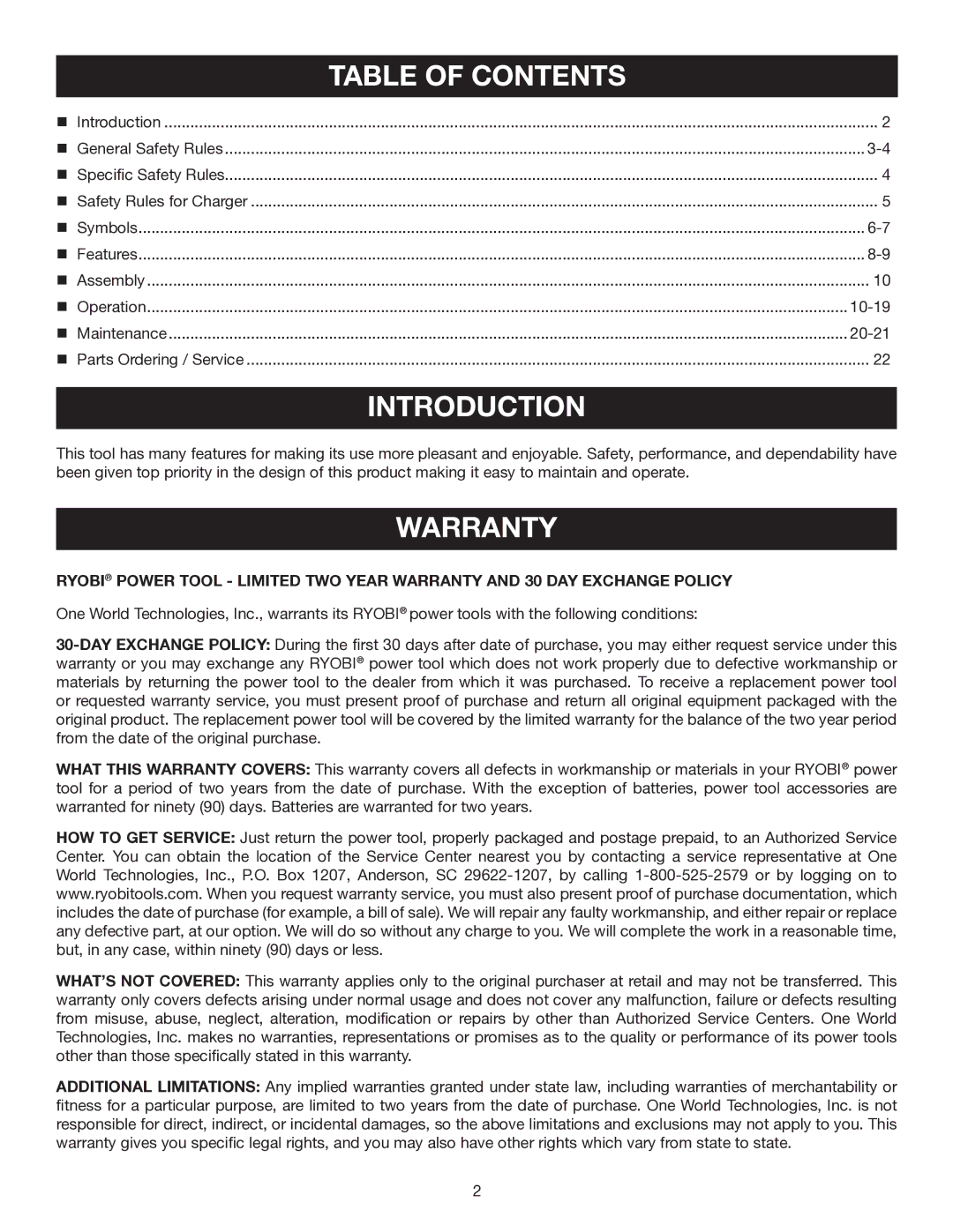 Ryobi P211 manual Introduction, Warranty 