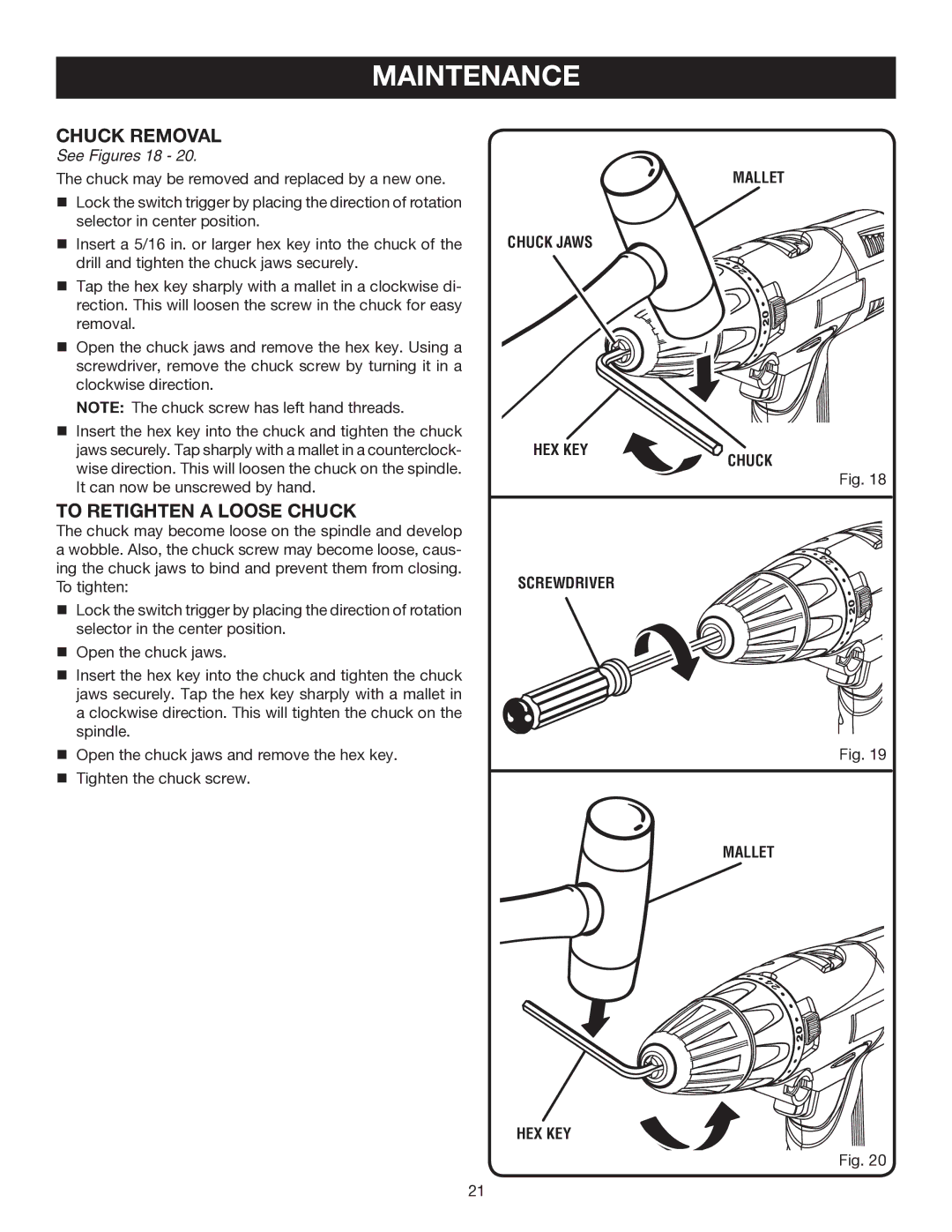 Ryobi P211 manual Chuck Removal, To Retighten a Loose Chuck, See Figures 18, Mallet Chuck Jaws HEX KEY 