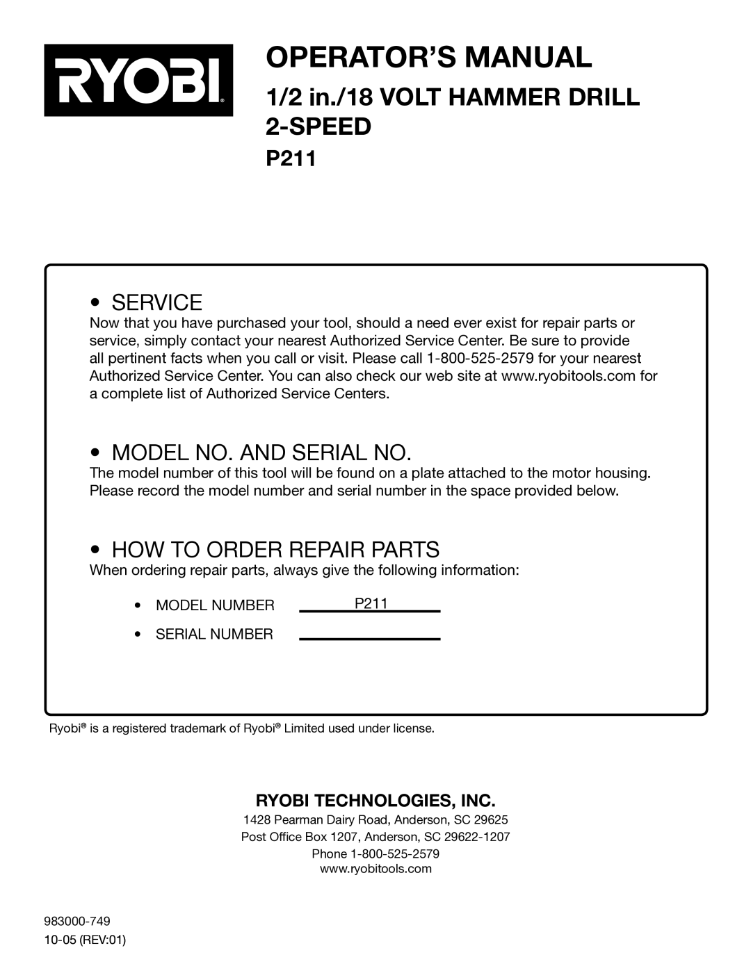 Ryobi P211 manual In./18 Volt Hammer Drill 2-SPEED 