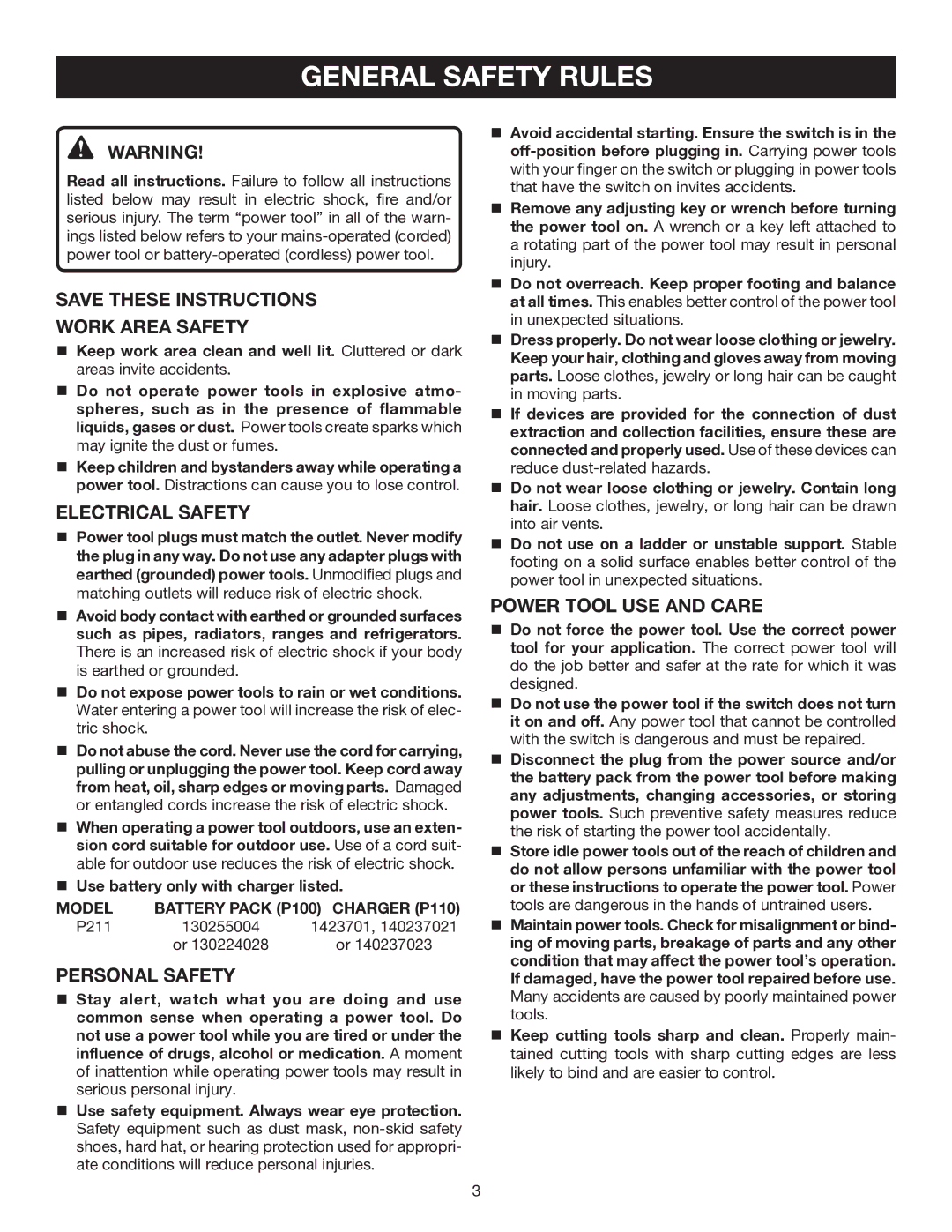 Ryobi P211 manual General Safety Rules, Work Area Safety, Electrical Safety, Personal Safety, Power Tool USE and Care 