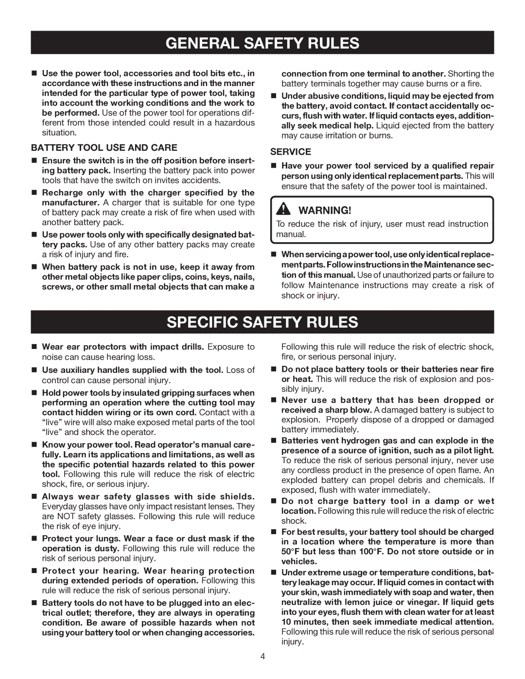 Ryobi P211 manual Specific Safety Rules, Battery Tool USE and Care 