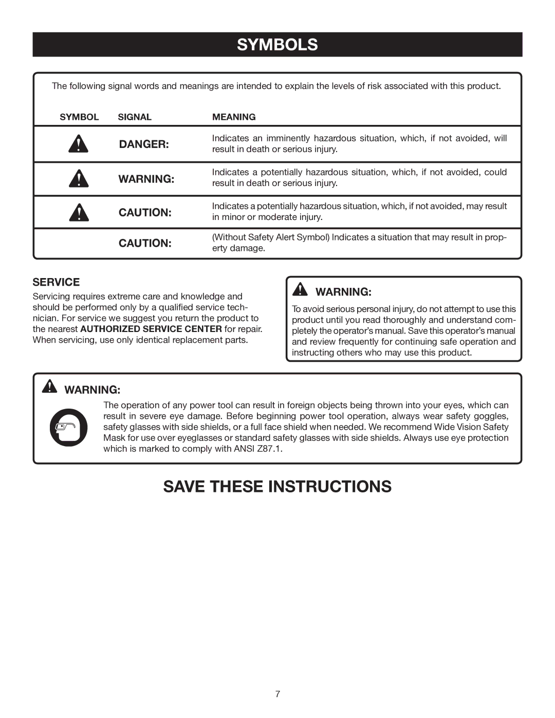 Ryobi P211 manual Service, Symbol Signal Meaning 