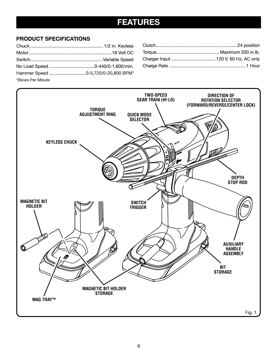 Ryobi P211 manual Features, Product Specifications 