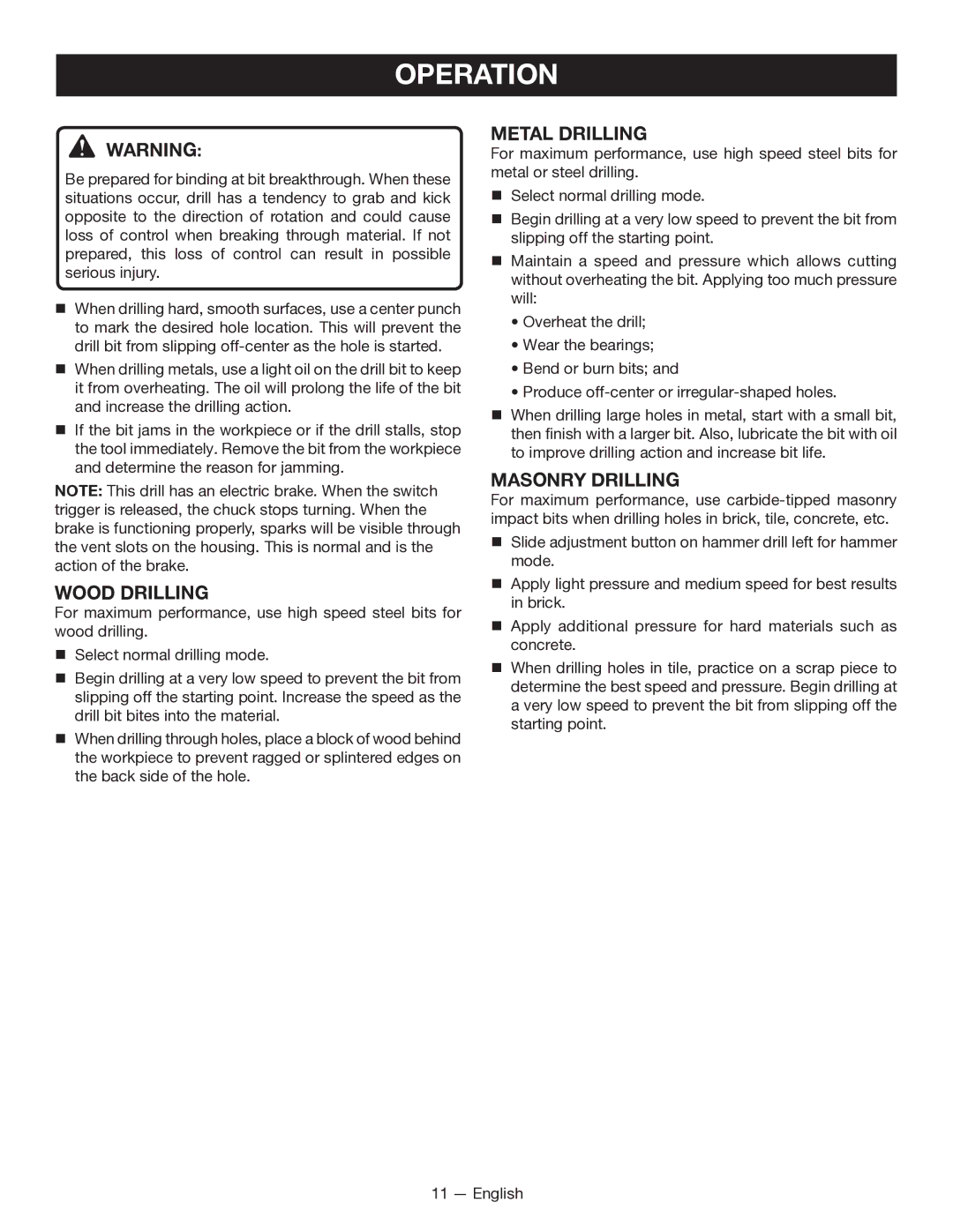 Ryobi P211 manuel dutilisation Wood DRILLING, Metal DRILLING, Masonry Drilling 