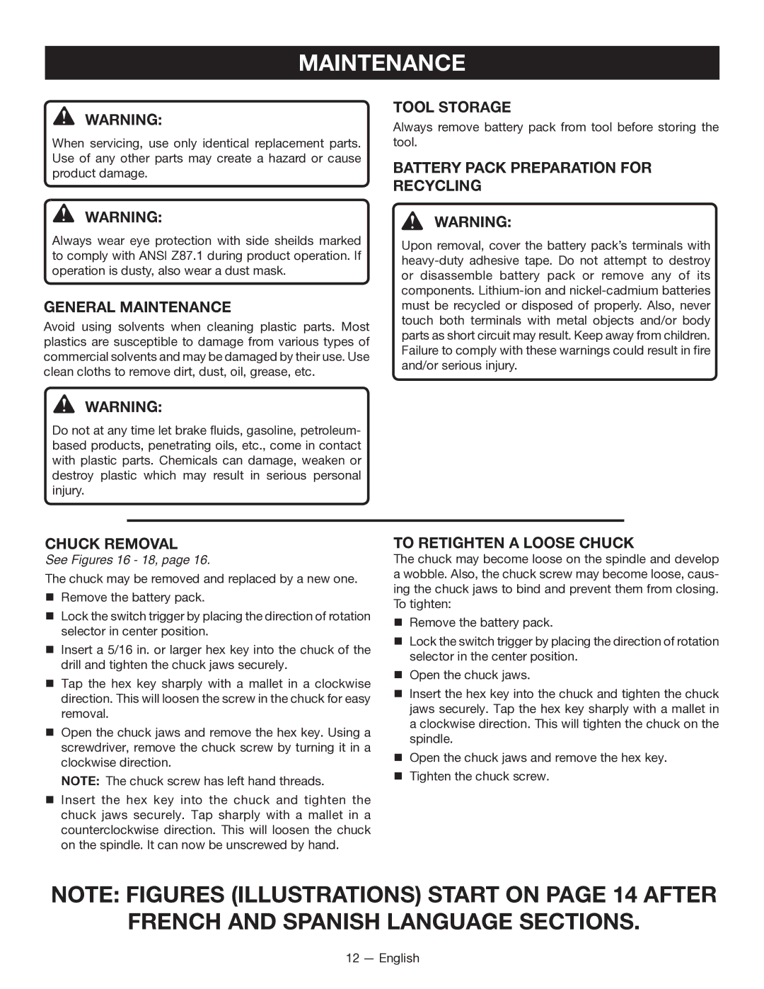 Ryobi P211 manuel dutilisation General Maintenance, Battery Pack Preparation for Recycling, To Retighten a Loose Chuck 