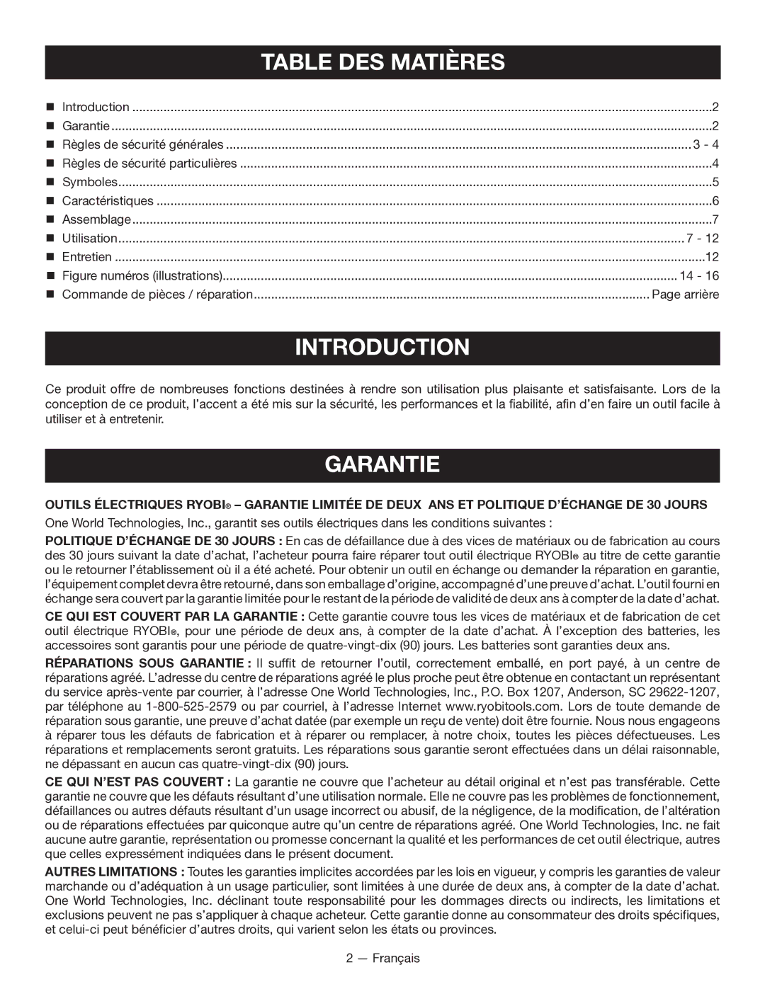 Ryobi P211 manuel dutilisation Garantie, Table DES Matières 