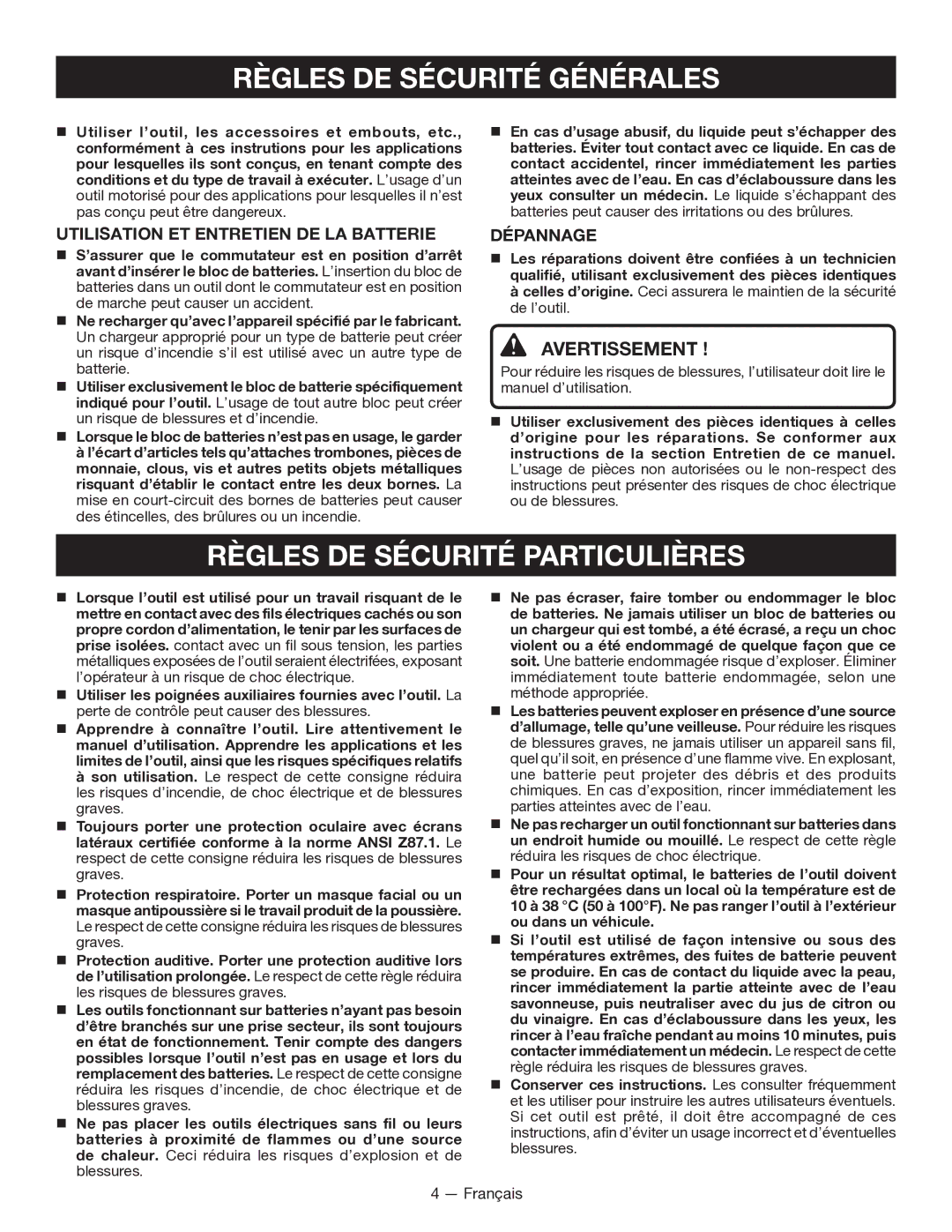 Ryobi P211 manuel dutilisation Règles DE Sécurité Particulières, Utilisation ET Entretien DE LA Batterie, Dépannage 