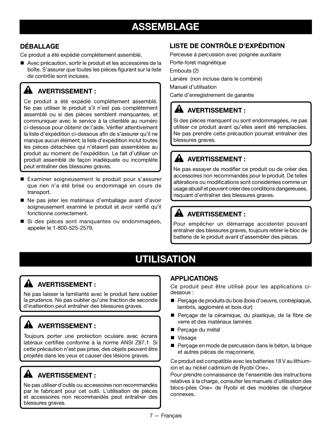 Ryobi P211 manuel dutilisation Assemblage, Utilisation, Déballage, Liste DE Contrôle D’EXPÉDITION 