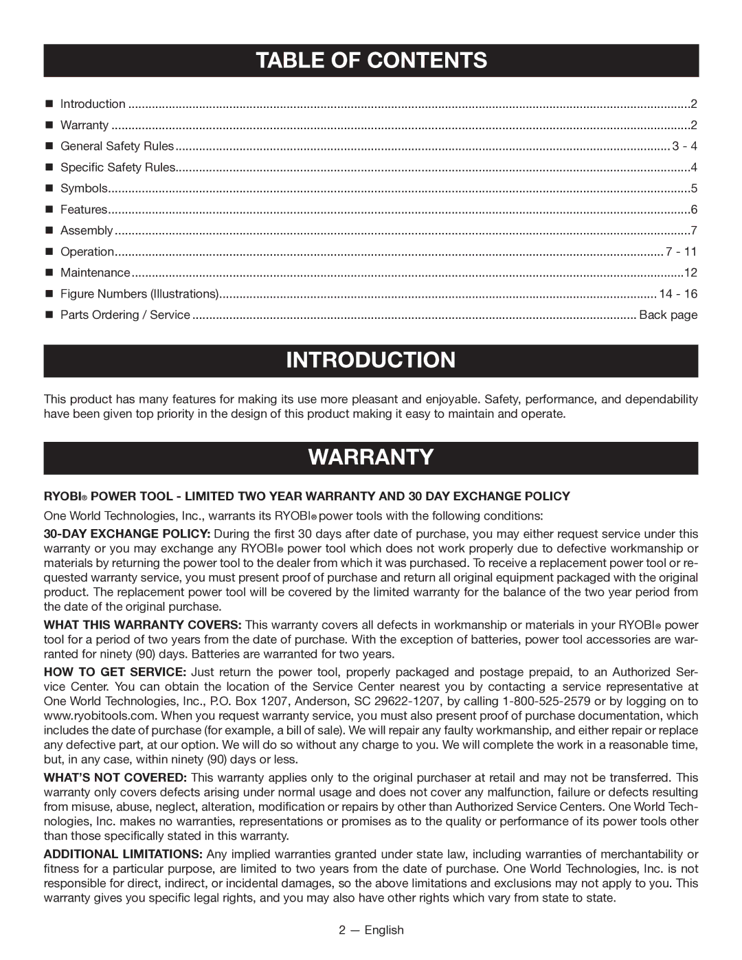 Ryobi P211 manuel dutilisation Introduction, Table of Contents 