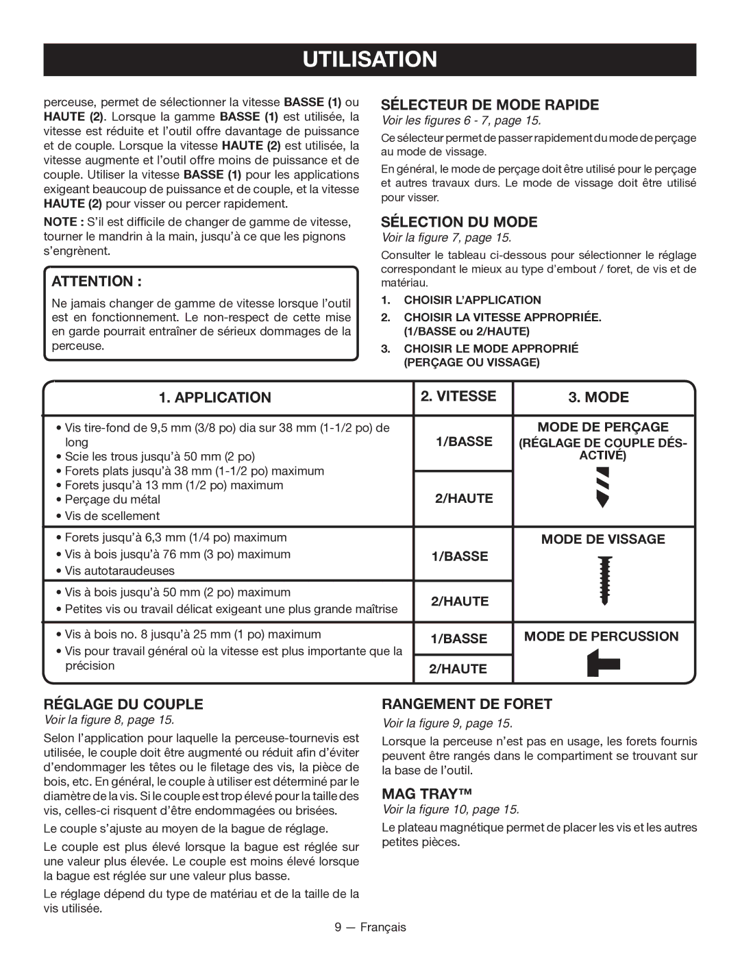 Ryobi P211 manuel dutilisation Sélection DU Mode, Application Vitesse Mode, Réglage DU Couple, Rangement DE Foret 