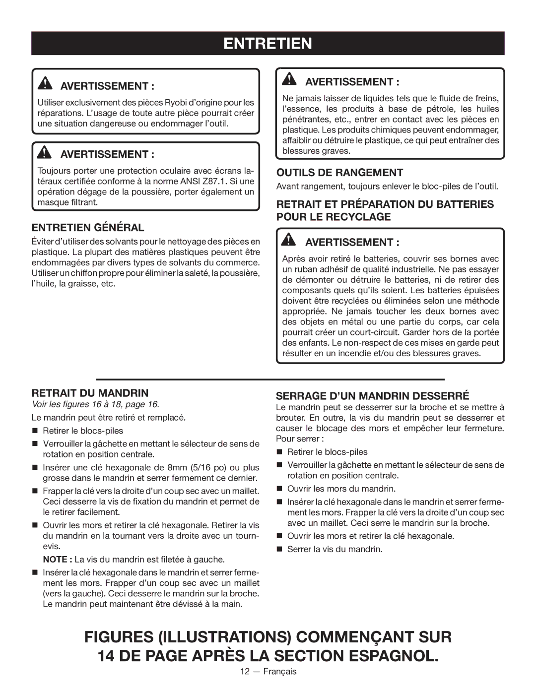 Ryobi P211 manuel dutilisation Entretien Général, Pour LE Recyclage AVERTISSEMENT , Serrage D’UN Mandrin Desserré 