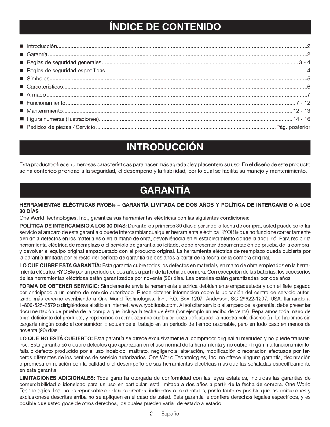 Ryobi P211 manuel dutilisation Índice DE Contenido, Introducción, Garantía 