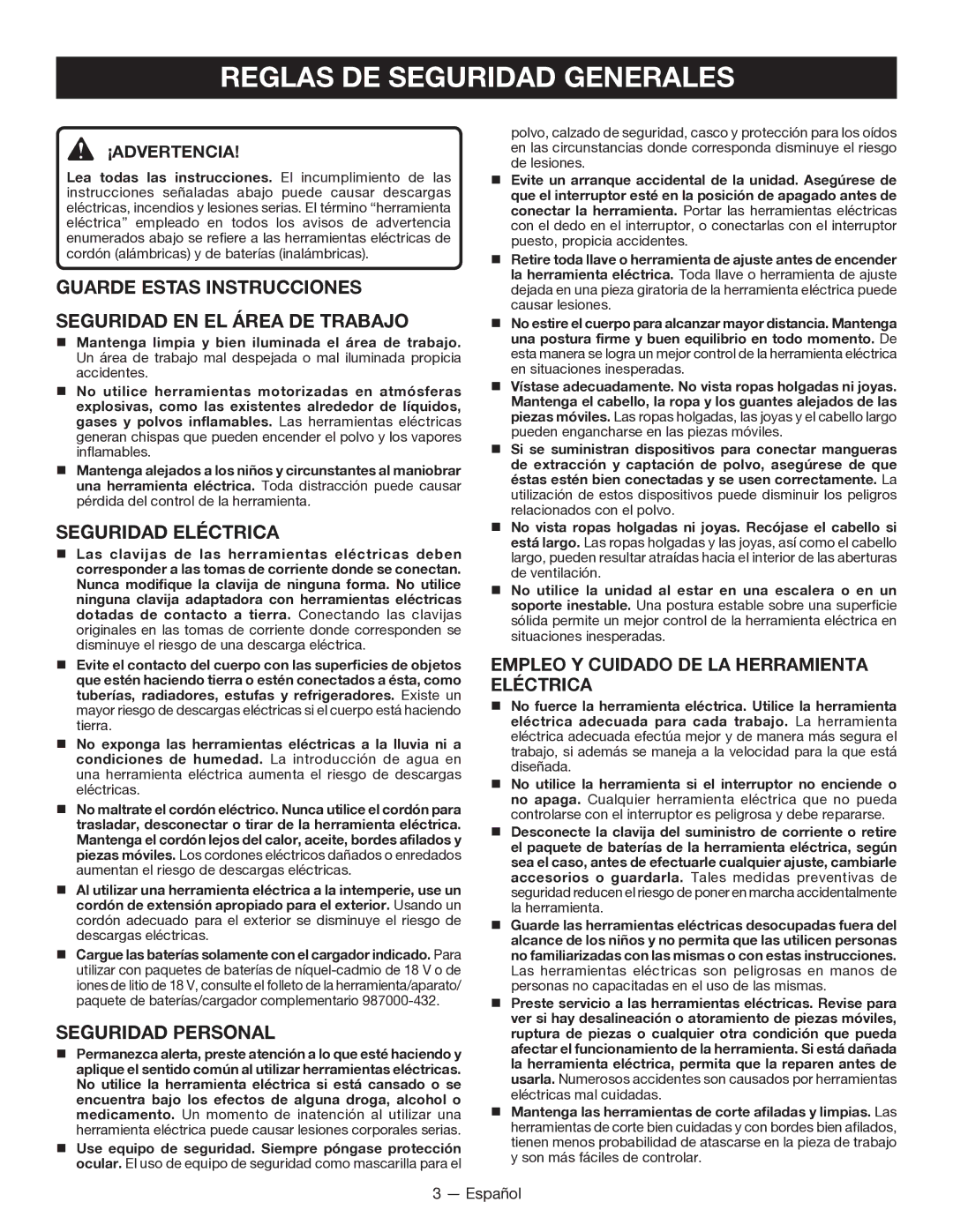 Ryobi P211 Reglas DE Seguridad Generales, Guarde estas instrucciones Seguridad en el área de trabajo, Seguridad Eléctrica 