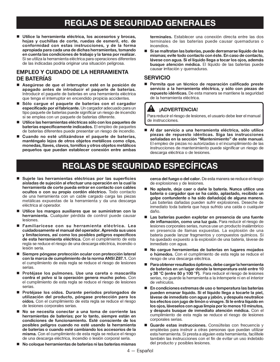 Ryobi P211 manuel dutilisation Reglas DE Seguridad Específicas, Empleo Y Cuidado DE LA Herramienta DE Baterías, Servicio 