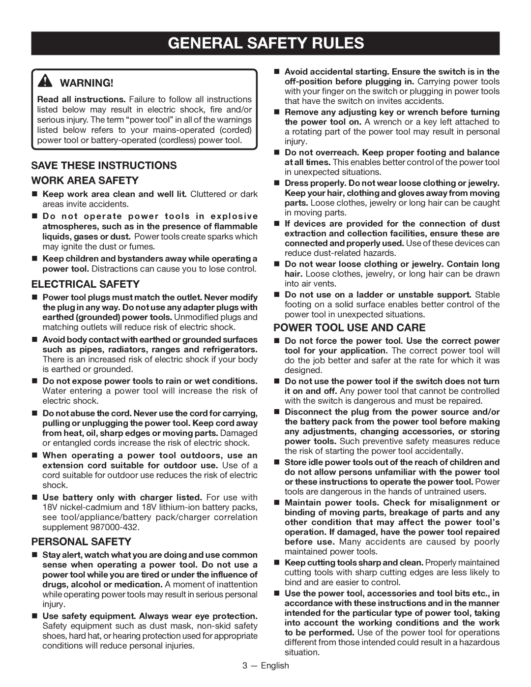 Ryobi P211 General Safety Rules, Work Area Safety, Electrical Safety, Personal Safety, Power Tool USE and Care 