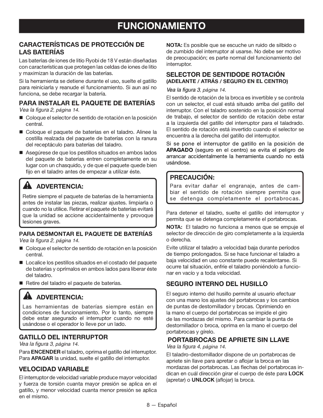 Ryobi P211 manuel dutilisation Características DE Protección DE LAS Baterías, Selector DE Sentidode Rotación 