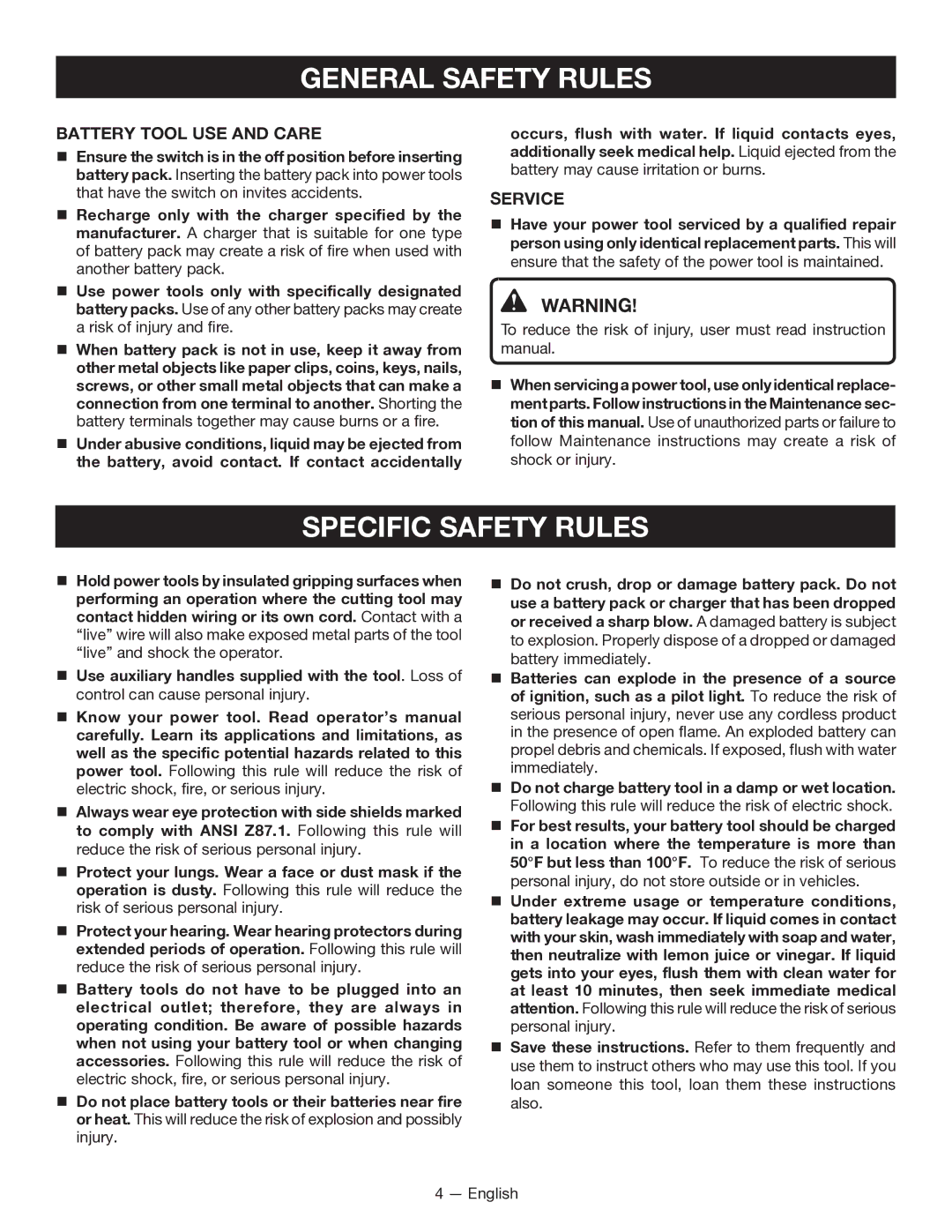 Ryobi P211 manuel dutilisation Specific Safety Rules, Battery Tool USE and Care, Service 