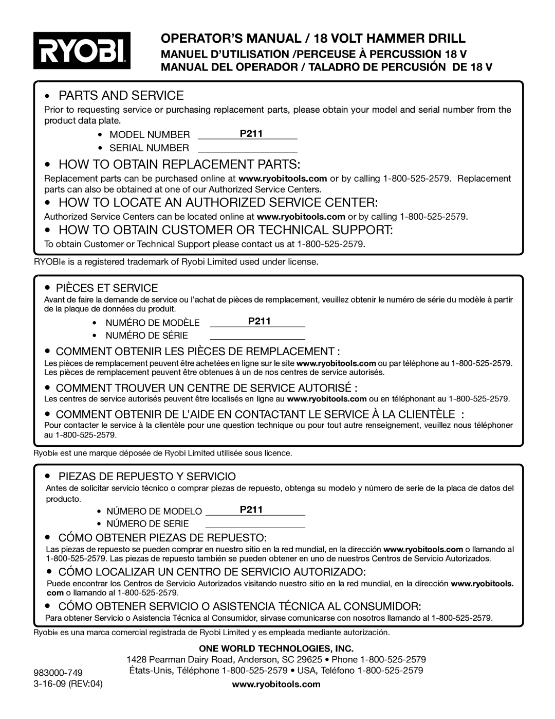 Ryobi P211 manuel dutilisation OPERATOR’S Manual / 18 volt hammer drill, ONE World TECHNOLOGIES, INC 