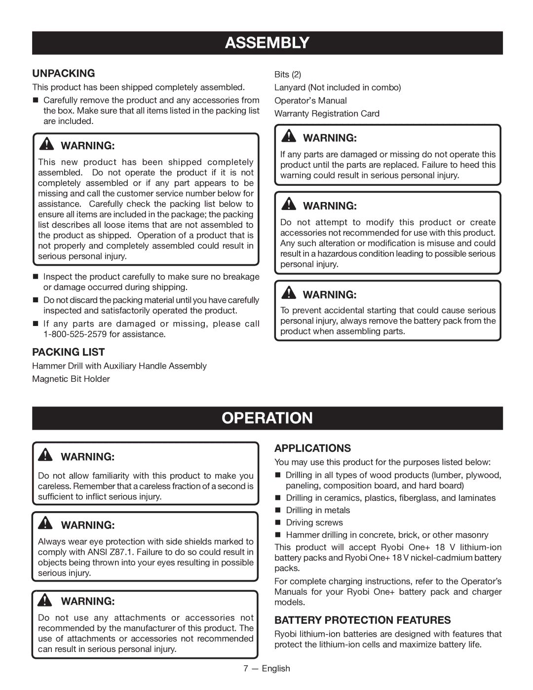 Ryobi P211 manuel dutilisation Assembly, Operation 