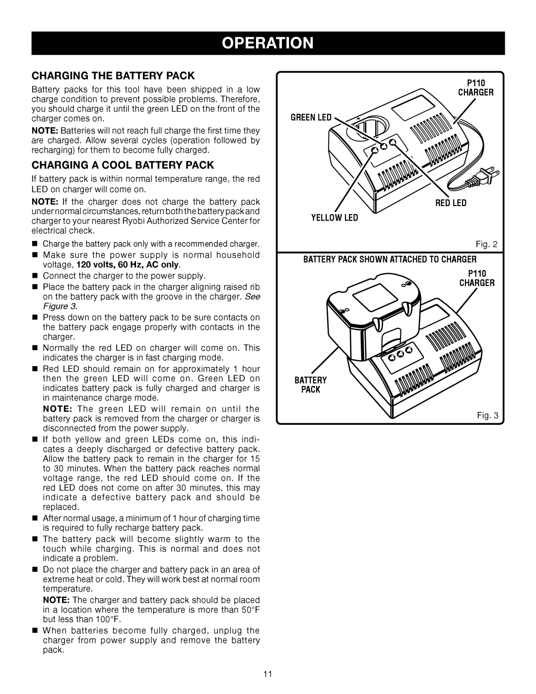 Ryobi P220 manual Charging the Battery Pack, Charging a Cool Battery Pack, Charger Battery Pack 