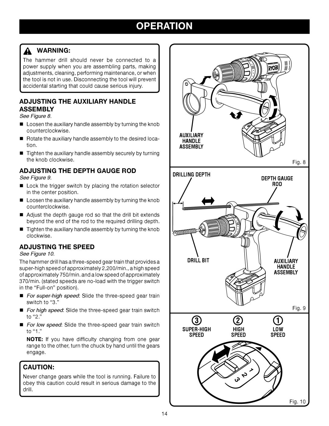 Ryobi P220 Adjusting the Auxiliary Handle Assembly, Adjusting the Depth Gauge ROD, Adjusting the Speed, Drilling Depth 