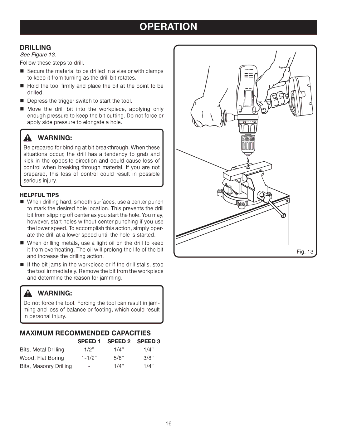 Ryobi P220 manual Drilling, Maximum Recommended Capacities, Helpful Tips, Speed 