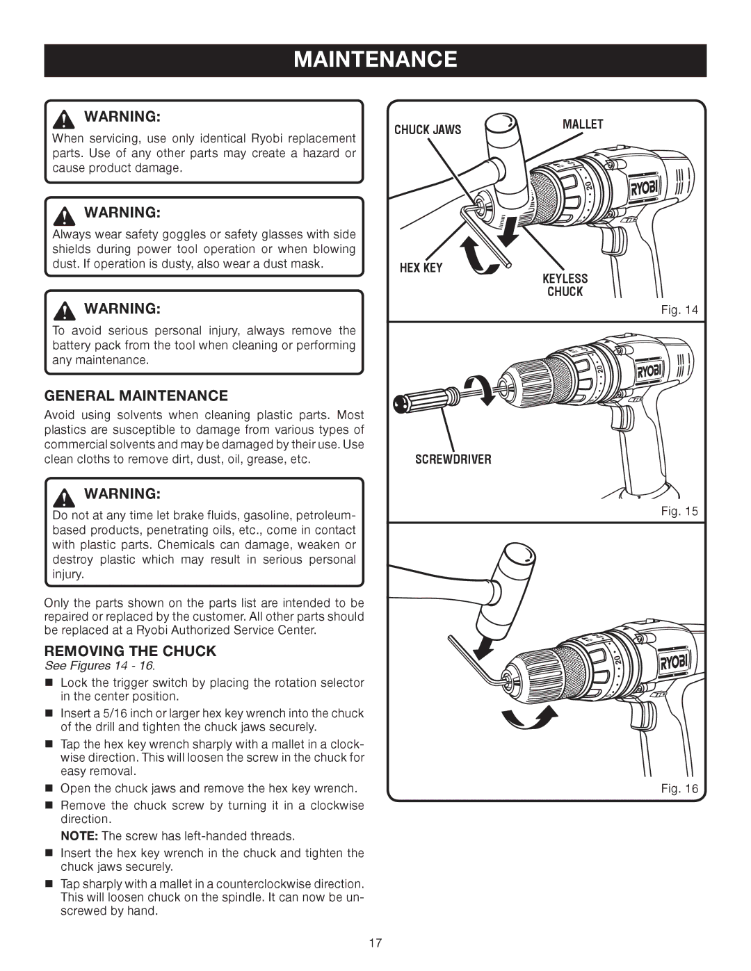 Ryobi P220 manual General Maintenance, Removing the Chuck, Chuck Jaws, HEX KEY Keyless Chuck Screwdriver 