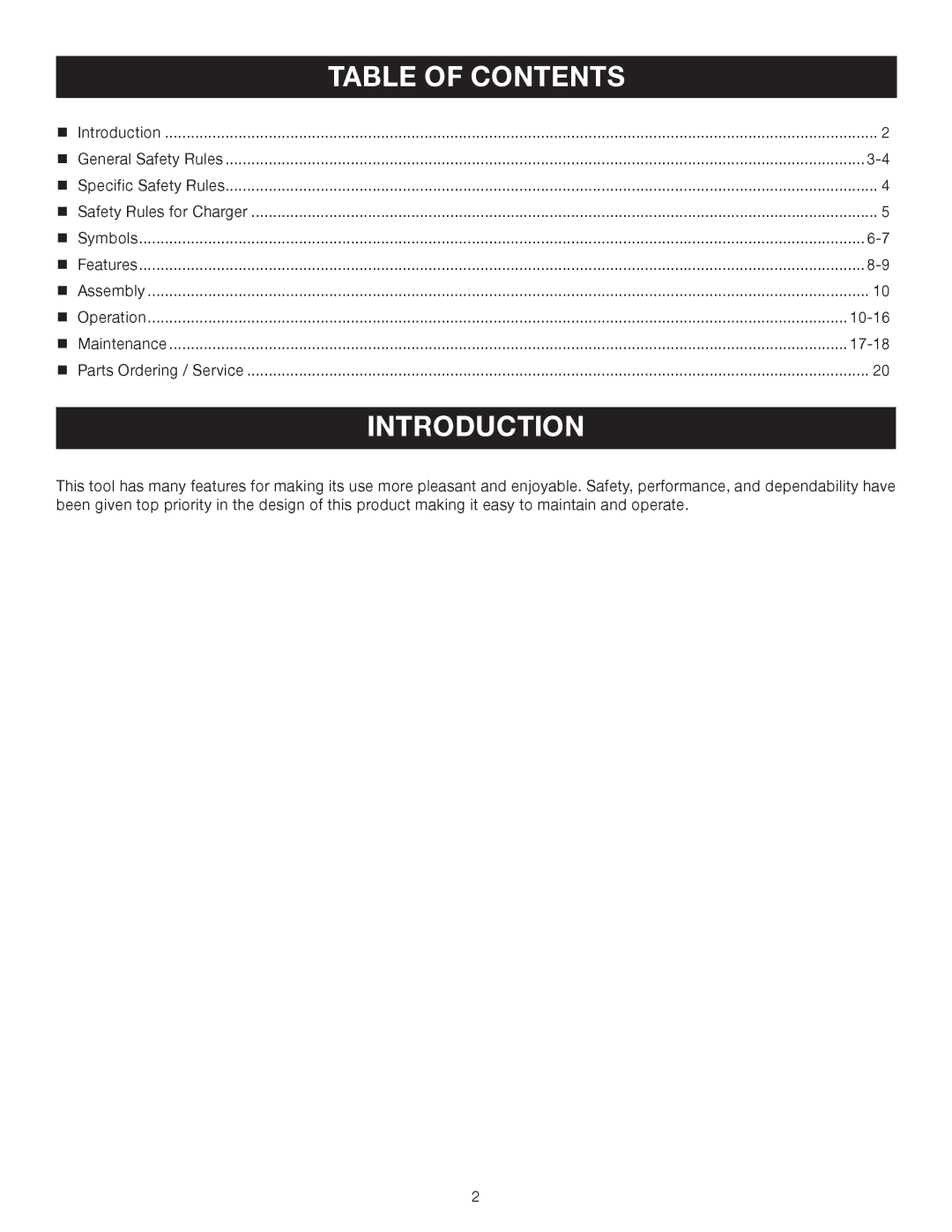 Ryobi P220 manual Introduction, Table of Contents 