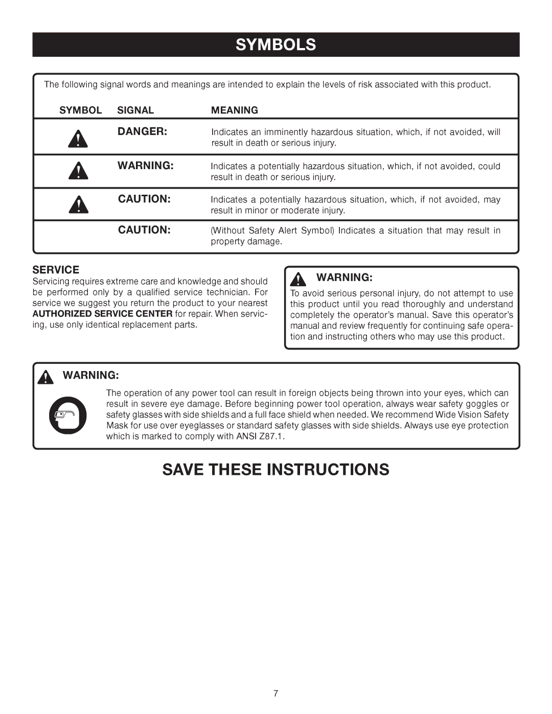 Ryobi P220 manual Symbol Signal Meaning 