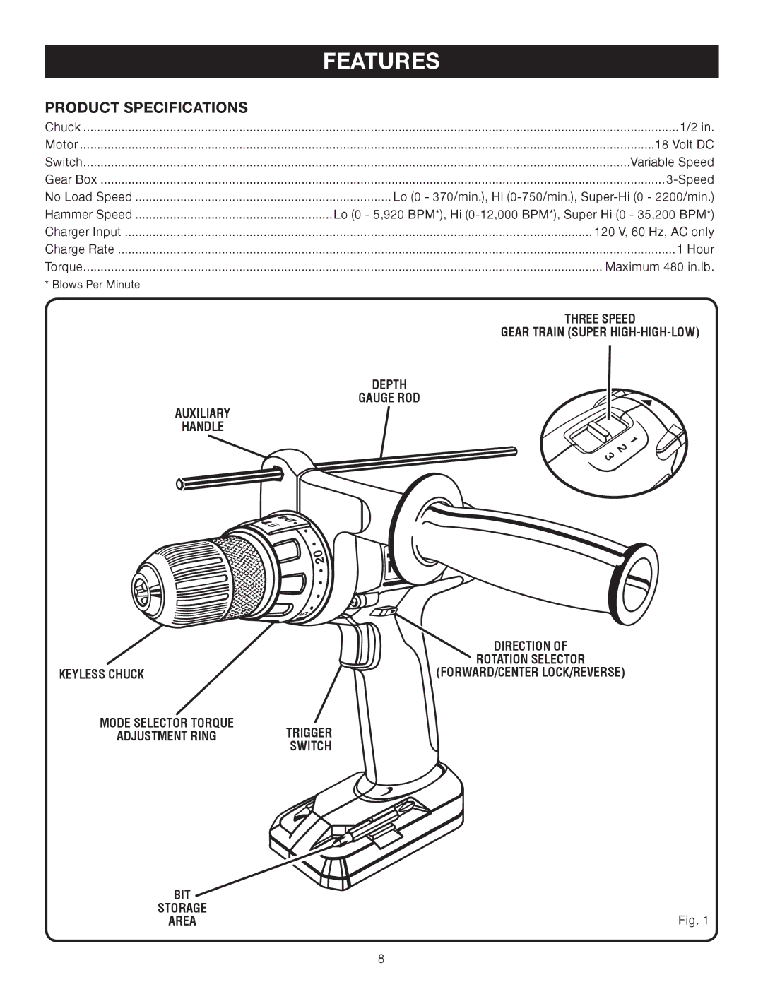 Ryobi P220 manual Product Specifications, Keyless Chuck 