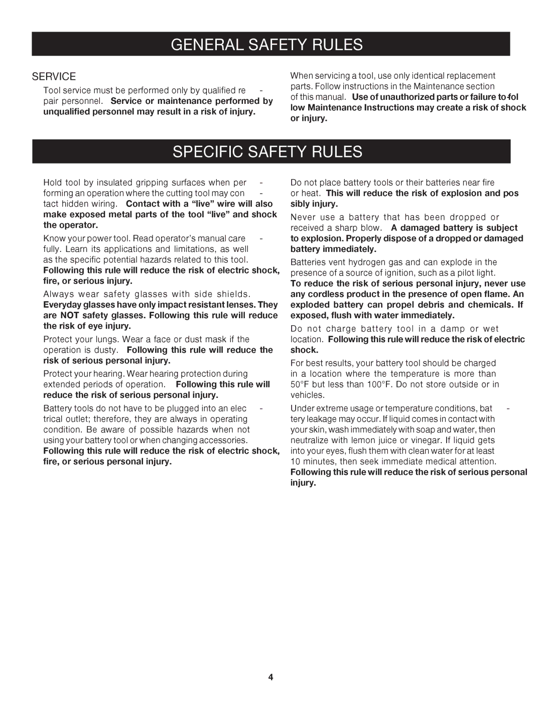 Ryobi P230 manual Specific Safety Rules, Service 