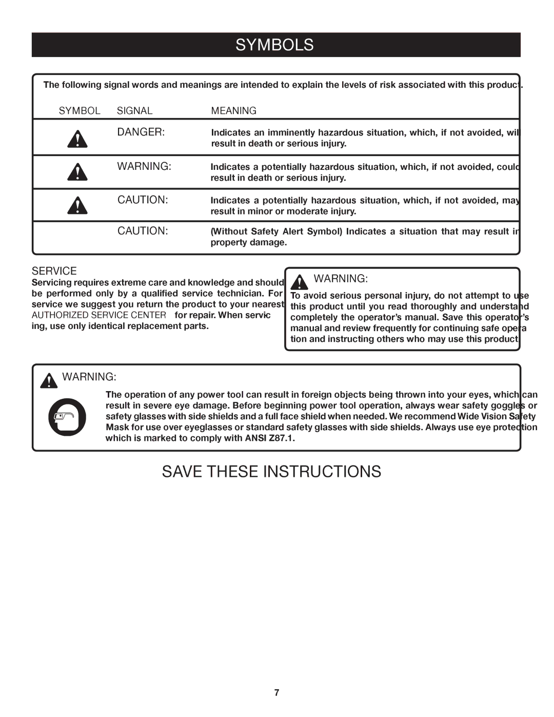 Ryobi P230 manual Symbol Signal Meaning 