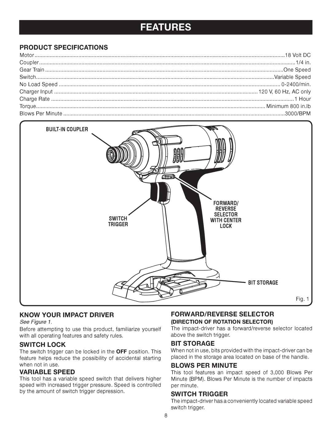 Ryobi P230 manual Product Specifications, Know Your Impact Driver, FORWARD/REVERSE Selector, Switch Lock, Variable Speed 