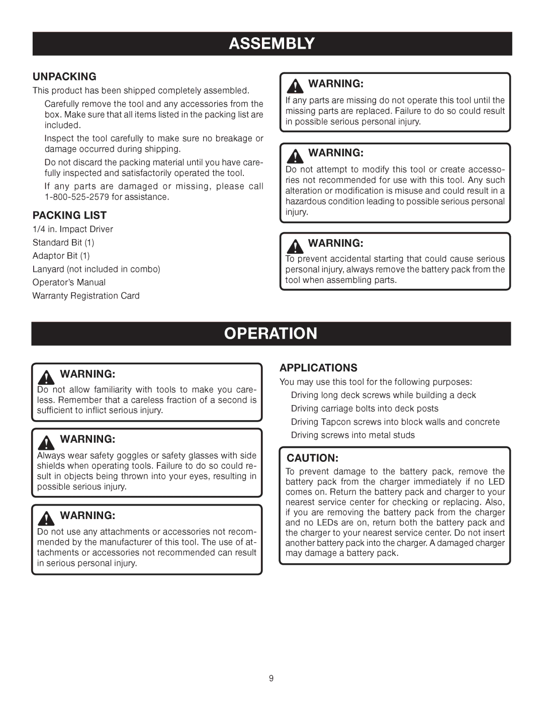 Ryobi P230 manual Assembly, Operation, Unpacking, Packing List, Applications 