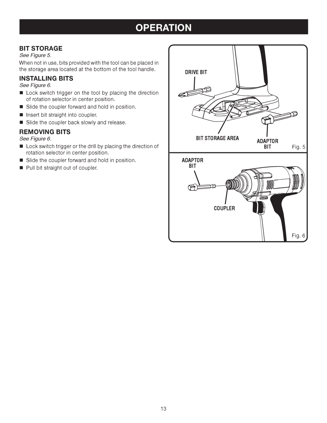 Ryobi P231 manual Installing Bits, Removing Bits 