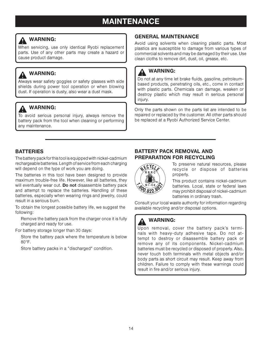 Ryobi P231 manual General Maintenance, Batteries, Battery Pack Removal Preparation for Recycling 