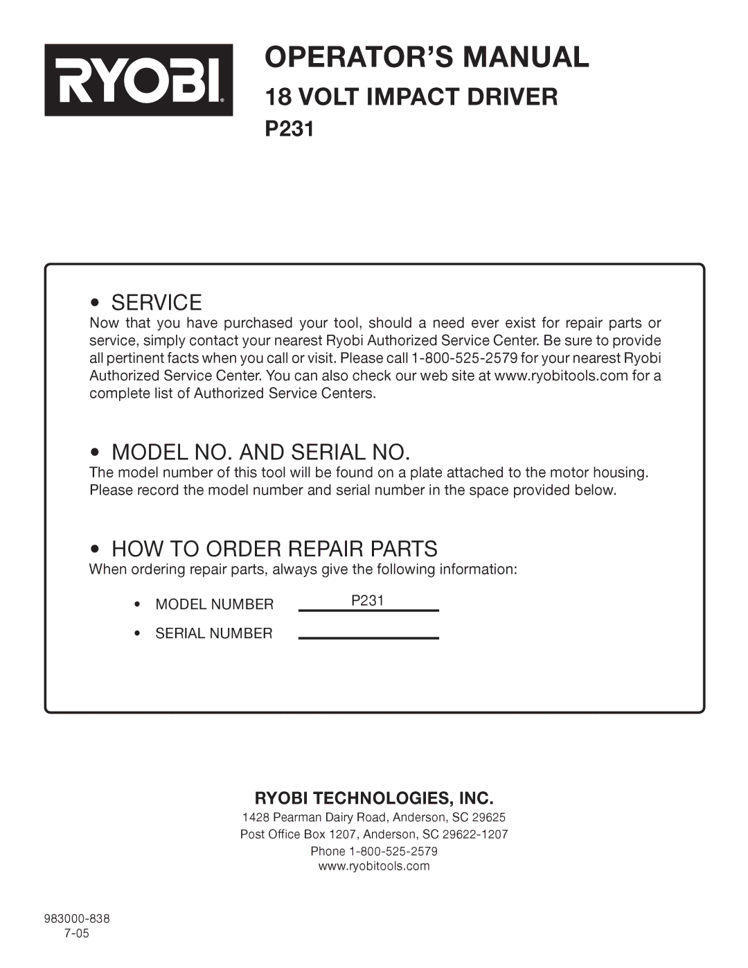 Ryobi P231 manual Service Model NO. and Serial no 