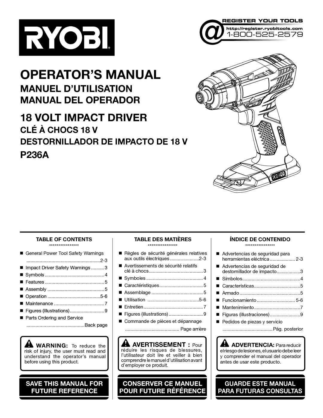 Ryobi P236A manuel dutilisation OPERATOR’S Manual, Table of Contents Table DES Matières Índice DE Contenido 