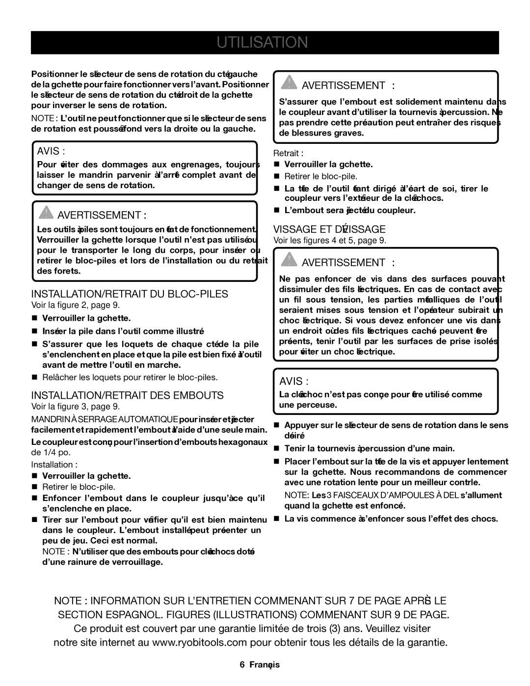 Ryobi P236A Installation/Retrait Du Bloc-Piles, INSTALLATION/RETRAIT DES Embouts, Avertissement , Vissage ET Dévissage 