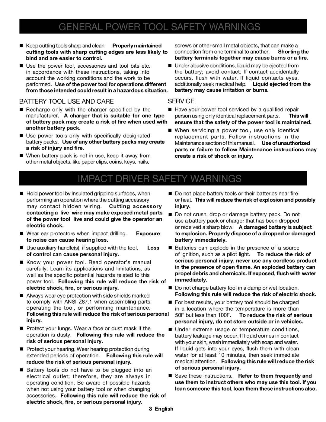 Ryobi P236A manuel dutilisation Impact Driver Safety Warnings, Battery Tool USE and Care, Service 