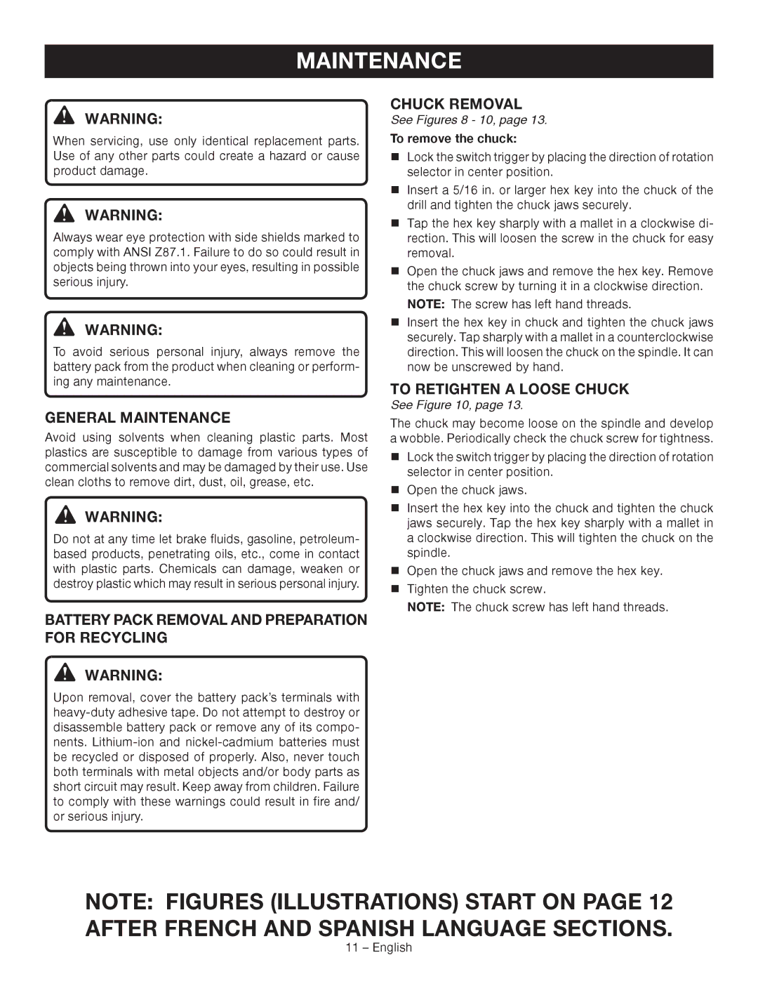 Ryobi P240 manuel dutilisation General Maintenance, To Retighten a Loose Chuck, See Figures 8 10, To remove the chuck 