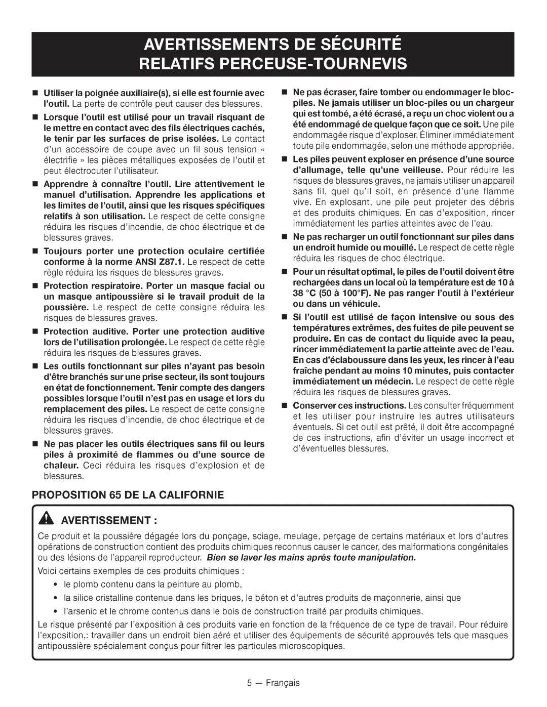 Ryobi P240 Avertissements DE Sécurité Relatifs PERCEUSE-TOURNEVIS, Proposition 65 DE LA Californie Avertissement 