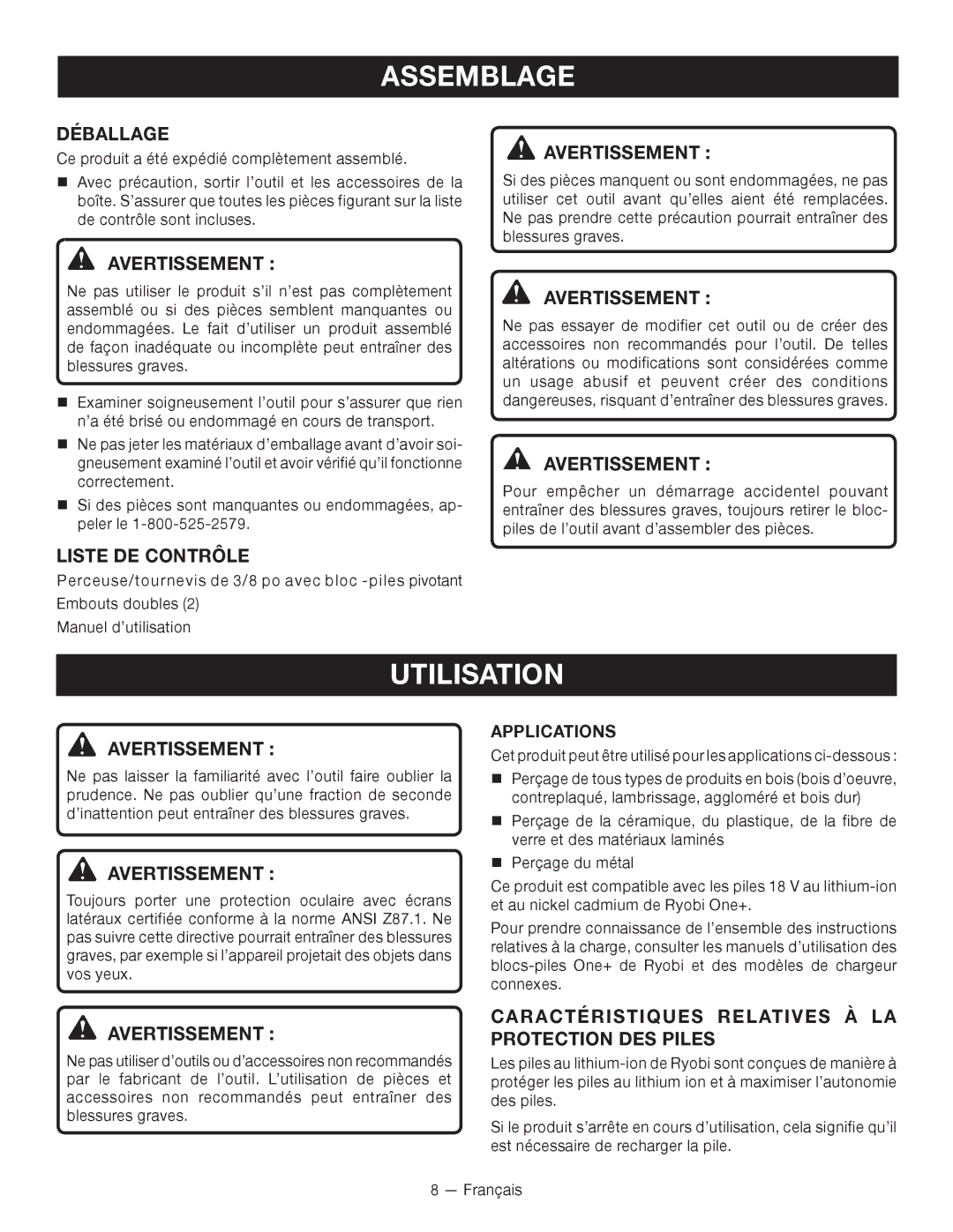 Ryobi P240 manuel dutilisation Assemblage, Utilisation, Déballage, Liste DE Contrôle, Applications 