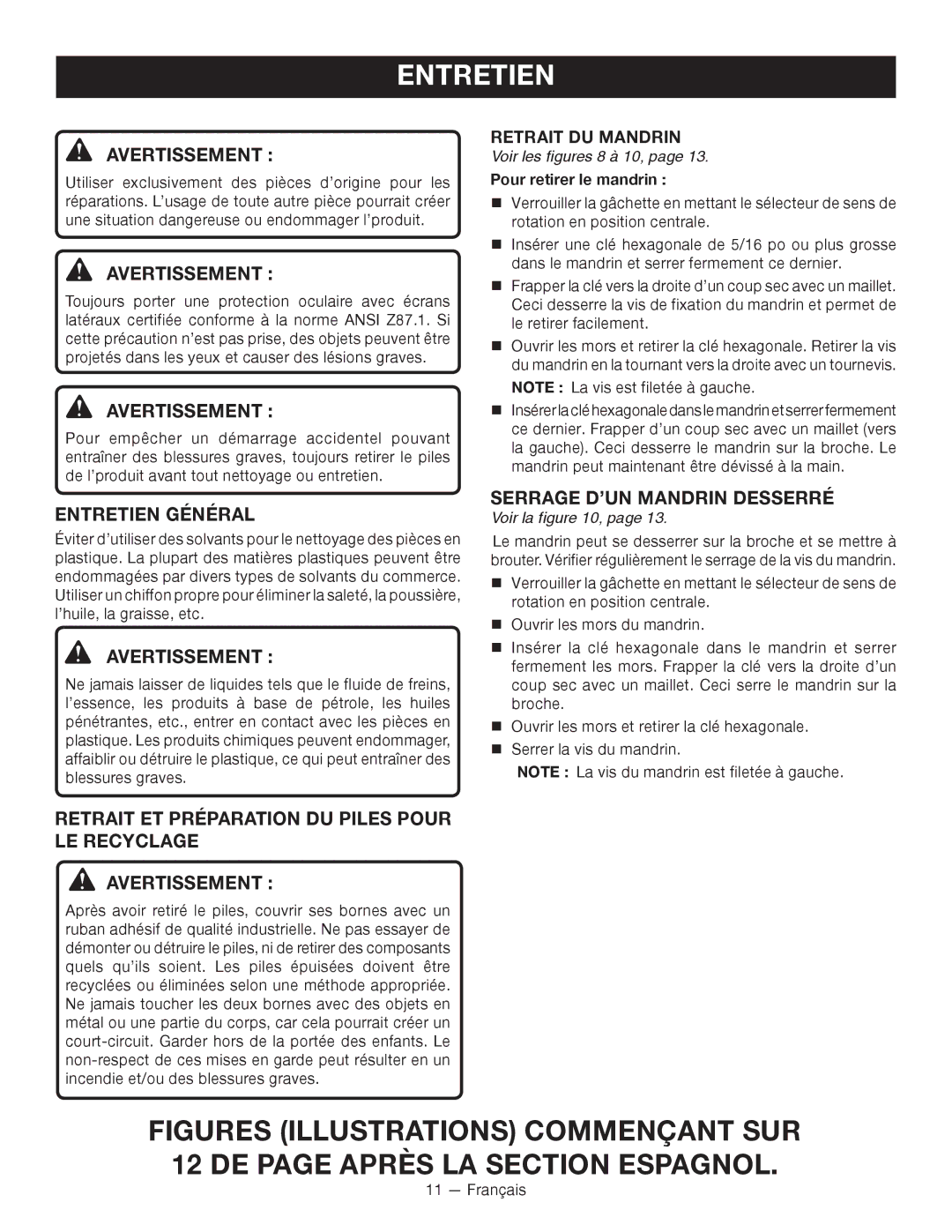 Ryobi P240 Entretien Général, Serrage D’UN Mandrin Desserré, Retrait DU Mandrin, Voir les figures 8 à 10 