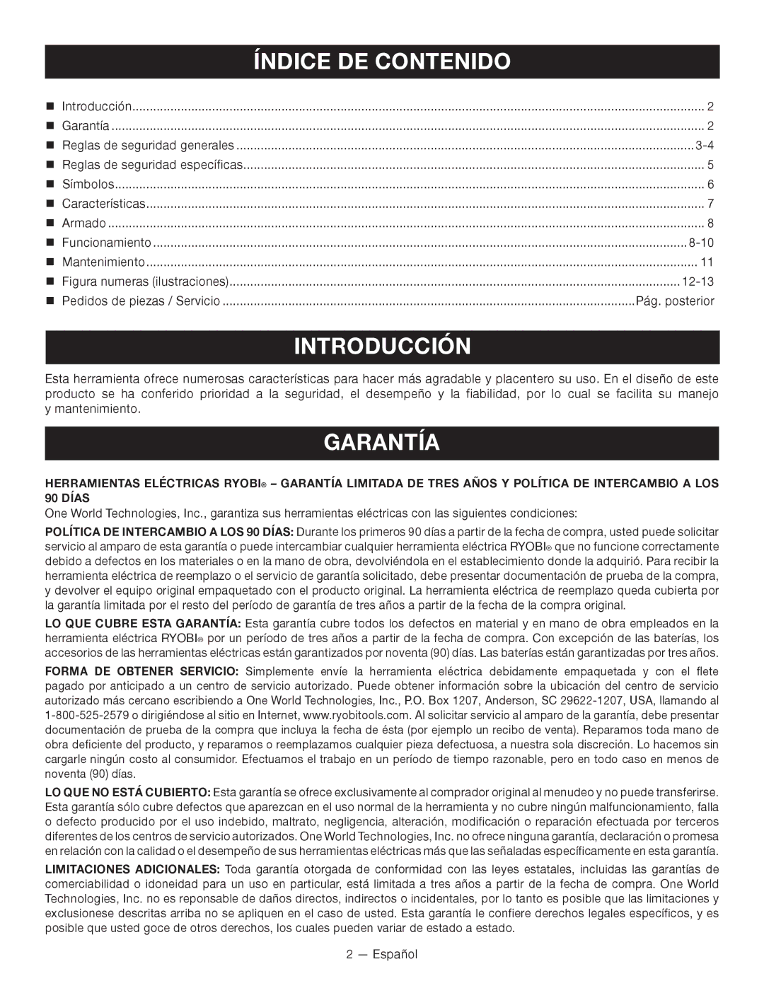 Ryobi P240 manuel dutilisation Índice DE Contenido, Introducción, Garantía, 12-13, Pág. posterior 